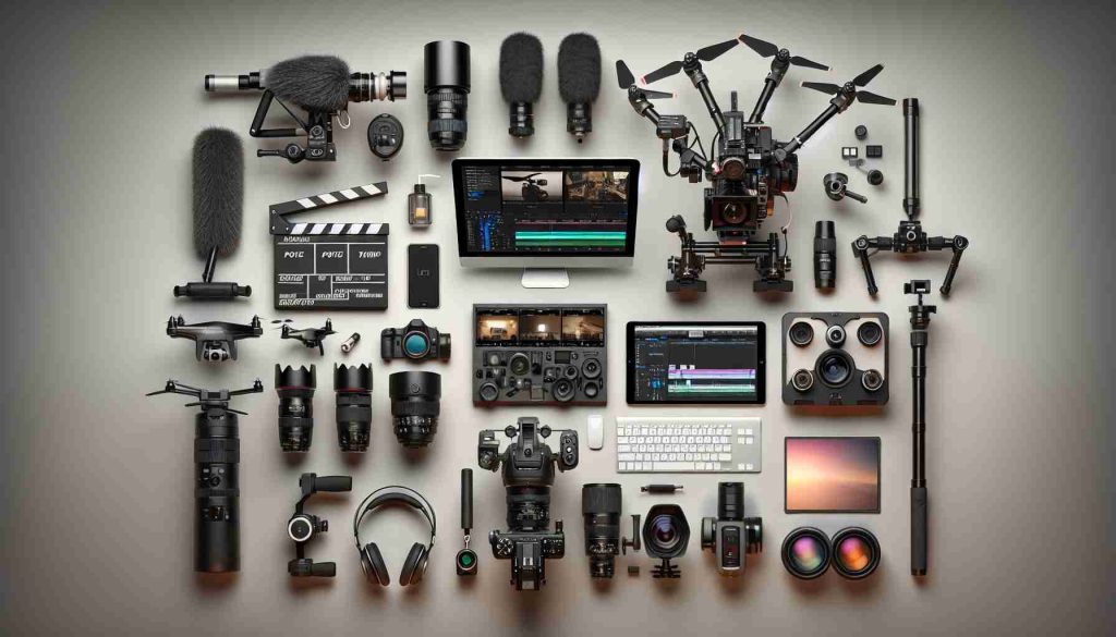 An HD quality, detailed image displaying 10 essential tools used by modern filmmakers. It includes items such as a high-definition video camera, a clapperboard, a tripod, various types of lenses, a boom microphone, a reflective screen for controlling light, a drone for aerial shots, a gimbal for stable tracking shots, editing software visible on a computer screen, and professional-grade headphones. Each tool is carefully arranged against a neutral backdrop for maximum visibility, with brief descriptions accompanying each item.