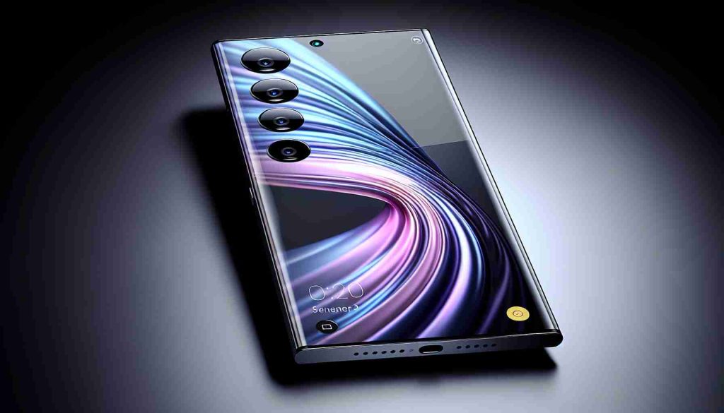 An ultra high-definition, realistic image of a sleek and innovative, modern smartphone portraying latest technology trends, similar to flagship models. The device should possess a large, vibrant screen, multiple camera lenses arranged neatly at the back, and a slim, premium metal-glass design. Please ensure it is set against a minimalist background to highlight its design features.