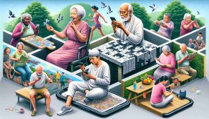 A highly detailed, HD image depicting various healthy habits for reducing phone addiction in the elderly. On one side, a Black elderly woman is engaging in a jigsaw puzzle, her smartphone placed untouched to her side. On another corner, a White elderly man is engrossed in reading a book, with his phone switched off and kept away. In the centre, a group of elderly individuals of different descents like South Asian, Hispanic and Middle-Eastern are indulged in a lively outdoor activity, their phones seemingly forgotten. All of them radiate contentment and peace, signifying the benefits of their chosen activities.