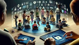 A high-definition realistic image showcasing the efforts to redefine digital safety for children. The scene depicts a diverse group of children of various descents such as Black, Hispanic, Caucasian, South Asian, and Middle-Eastern. They are interacting with devices like tablets and computers in a safe digital environment. The environment could include symbols or metaphors of safety, like locks or shields, incorporated in the UI. The children are guided by an adult who represents a trusted figure, reminding them to be aware of digital safety rules.