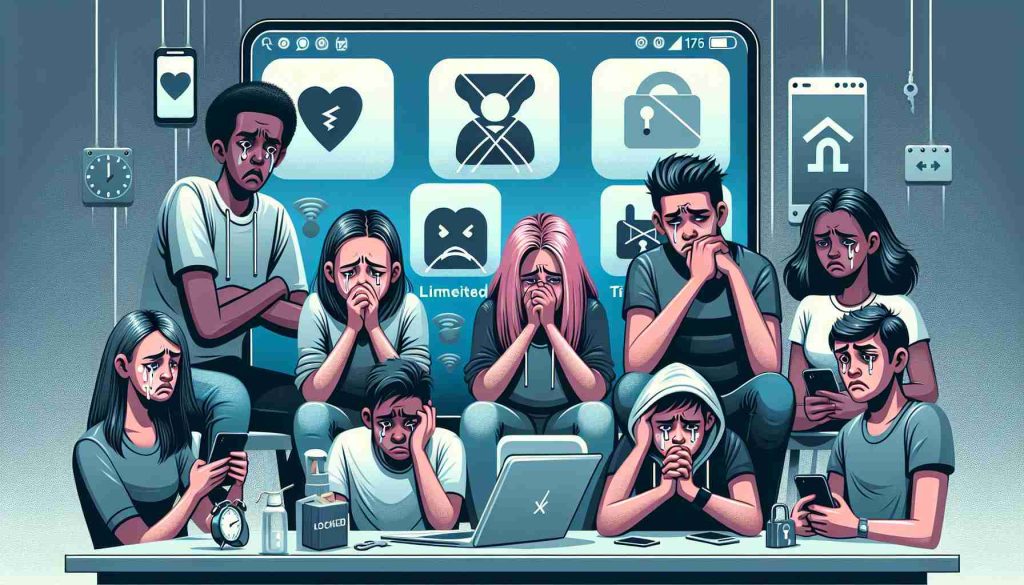 Illustrate a concept art of a scene representing the impact of social media restrictions on the youth's well-being. Show an array of emotions like sadness, frustration, confusion, and relief on the faces of teenagers from various descents such as Caucasian, Hispanic, Black, Middle-Eastern, and South Asian. Incorporate elements like locked devices, crossed-out social media icons, timers showing limited screen time. Set this in a modern room with minimalistic decor and slightly dim light. Make this as realistic and high definition as possible.