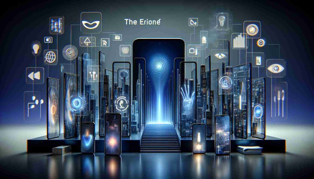 Create a realistic high definition depiction of the new era of smartphones. Display a variety of innovative features that enhance user experience. Detail must include advanced facial recognition technology, futuristic bezel-less designs, interactive voice assistants, foldable screens, and high-resolution camera quality. Let the overall ambience suggest the sophistication, convenience, and high tech world of modern-day smartphones.