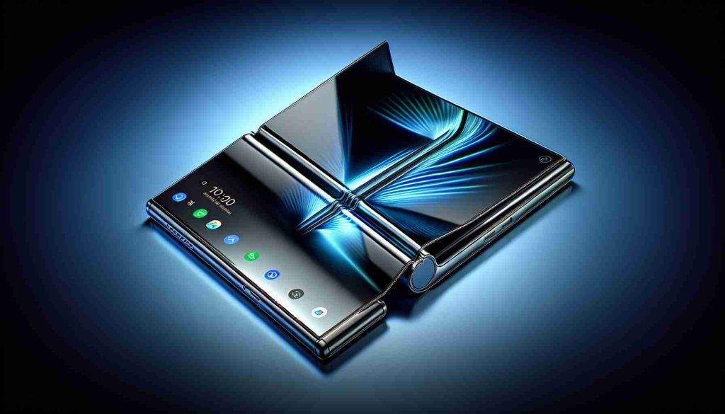 A high-definition, realistic depiction of a new generation of folding smartphones. The design showcases cutting-edge innovation and technology, as represented by unspecified leading tech company's latest product. Details to include an ultra-thin, elegantly designed phone with a stunning flexible display. Note: The perspective portrays the phone in a partially folded state, beautifully capturing the transition stage and the potential versatility of the device. Please avoid trademarks and specific branding.