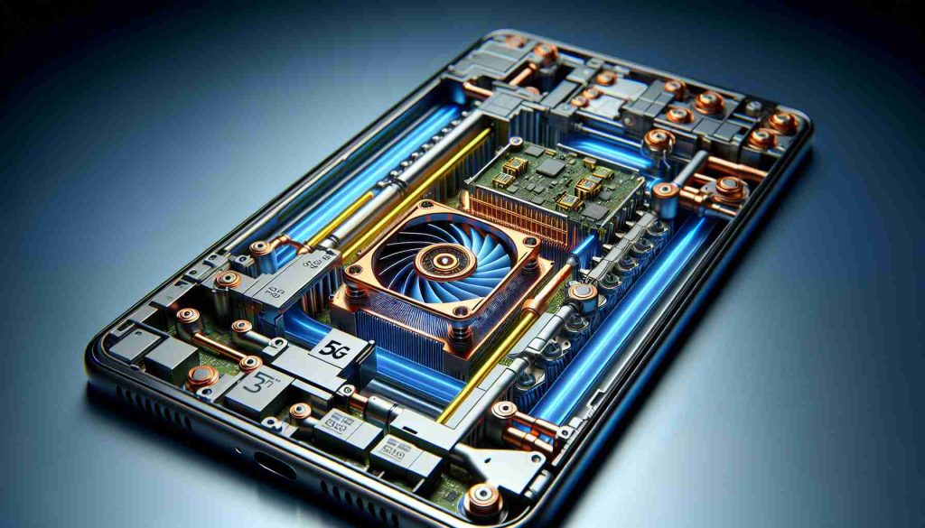 Generate a high-definition, realistic visual representation of the advanced cooling technology that has significantly improved the performance of a generic 5G-enabled smartphone. The image should depict the internal mechanisms illustrating the cooling function, showcasing sleek design and cutting-edge capabilities.