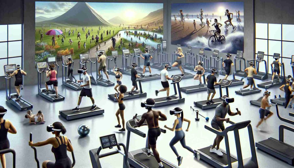 Imagine a high-definition, photo-realistic image showing the concept of revolutionising gym experiences through the integration of virtual reality. Picture an array of exercise machines and gym-goers in the heart of the action. You see various individuals, Caucasian, Hispanic, Black, Middle-Eastern, South Asian, engaged in different exercises, running on treadmills, cycling, lifting weights. And yet, there's a twist. Each person is wearing a sleek, state-of-the-art virtual reality headset. Perhaps some are engaged in fantastical landscapes, while others battle in digital arenas or jog along virtual beaches, their movements replicated in their real-world exercise.