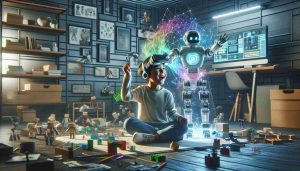 A high-resolution, realistic image depicting a scene where a child's imagination is empowered with the help of AI creativity. The scene includes a young child of Hispanic descent sitting in a room filled with technologic gadgets like virtual reality headsets, modular robotic toys, and a computer screen displaying a creative AI software. The child is energized, in the midst of assembling a robot while engaging with the 3D holograms popping out from their device, inviting a discourse on the possible fusion of traditional play and futuristic tech.