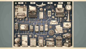 Visual representation of the evolution and rise of innovative communication technologies. Illustrate a timeline that begins with traditional methods such as postal letters and telegrams and gradually moves towards modern technology like mobile phones, internet, social media platforms, and virtual reality devices. All these items are drawn with high detailing and realism, making the image appear like a high-definition photograph. Additionally, show these technologies in a context indicative of their times, the surroundings changing from an old post office to a contemporary, digital-age home office.