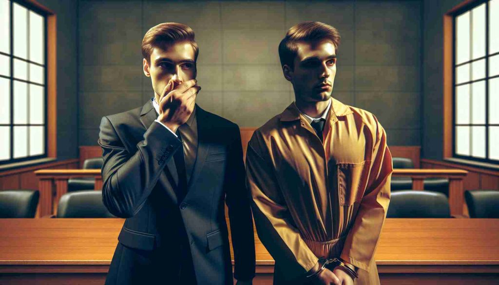 Create an image of two Caucasian men, portrayed as siblings, standing in a solemn courtroom with potential outlook of facing new sentencing. Make sure the image depicts a gravity of the situation. Do not reveal any personal identity, rather capture emotion and tension of the moment. Ensure it's realistic and in HD quality.