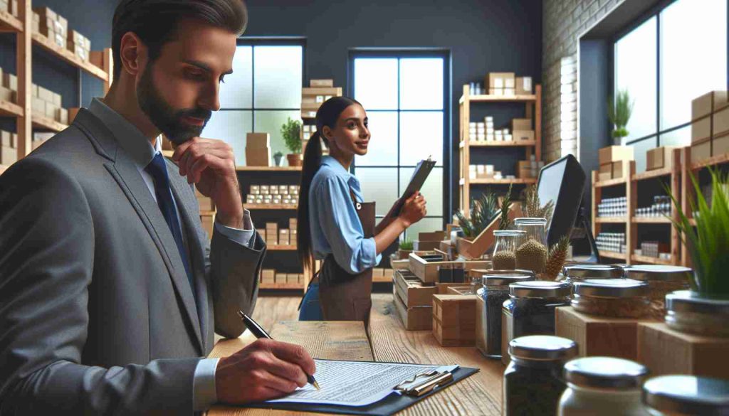 High-definition realistic image displaying a business scenario demonstrating vigilance and astuteness. Picture a well-stocked shop in the foreground. In the background, a focused Caucasian male shopkeeper is diligently inspecting goods and maintaining records. Simultaneously, a Black female customer is appreciating the quality of products. The shop environment reflects the owner's attention to details and excellent business acumen.