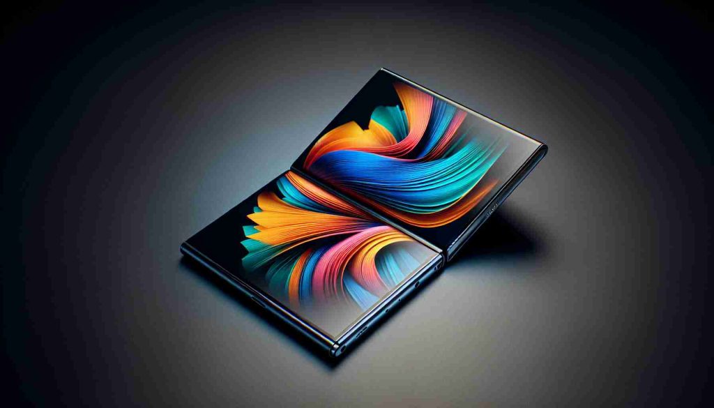 High definition realist image of a revolutionary foldable smartphone design from a leading tech company, showcasing a sleek form factor, vibrant display, and cutting-edge technology. The device is unfolded, with a main screen on the inner side and a smaller display on the outside, and it carries the aesthetic appeal characteristic of modern tech innovations.