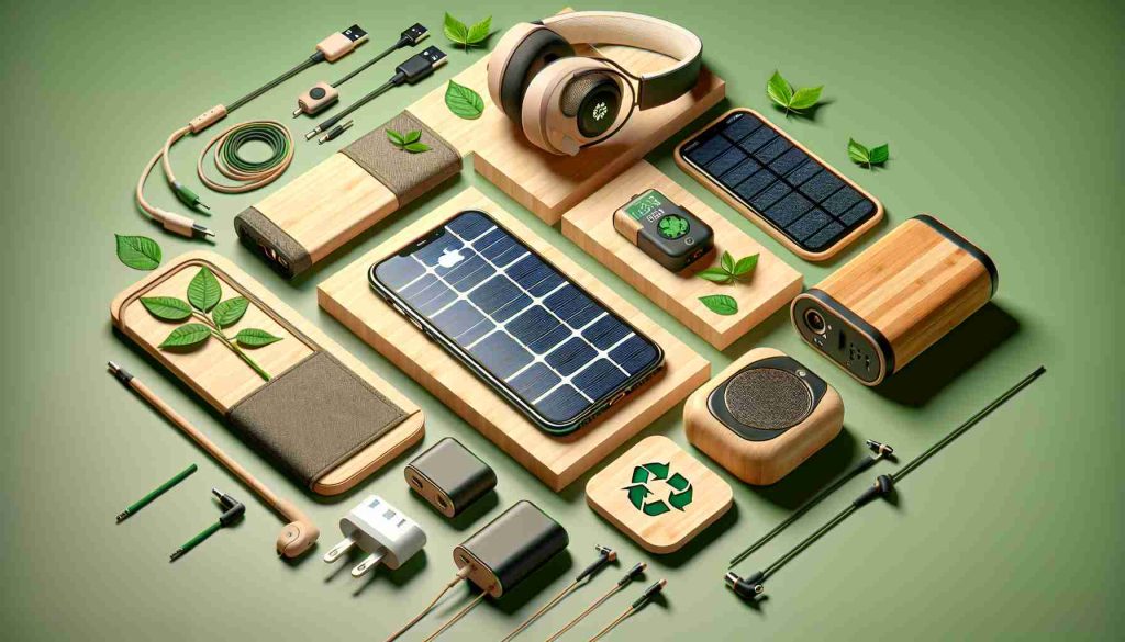 Create a highly realistic, high-definition image that introduces a range of smart accessories designed specifically for eco-friendly technology enthusiasts. This should include items such as solar-powered chargers, bamboo phone cases, headphones made from recycled material, etc. The image should highlight the eco-friendly nature of these accessories, perhaps by incorporating elements like green leaves, recycled symbols, and earthly tones. The layout should be modern and appealing, inviting users to explore these innovative, sustainable technology choices.