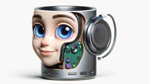 High-definition, realistic illustration of a generic, animated-style figure transformed into a technologically advanced listening gadget. The character should have distinct features such as large, expressive eyes and a wide smile. These features should be cleverly integrated into the device's design, while still maintaining elements characteristic of smart listening devices, such as speaker grids and control buttons.