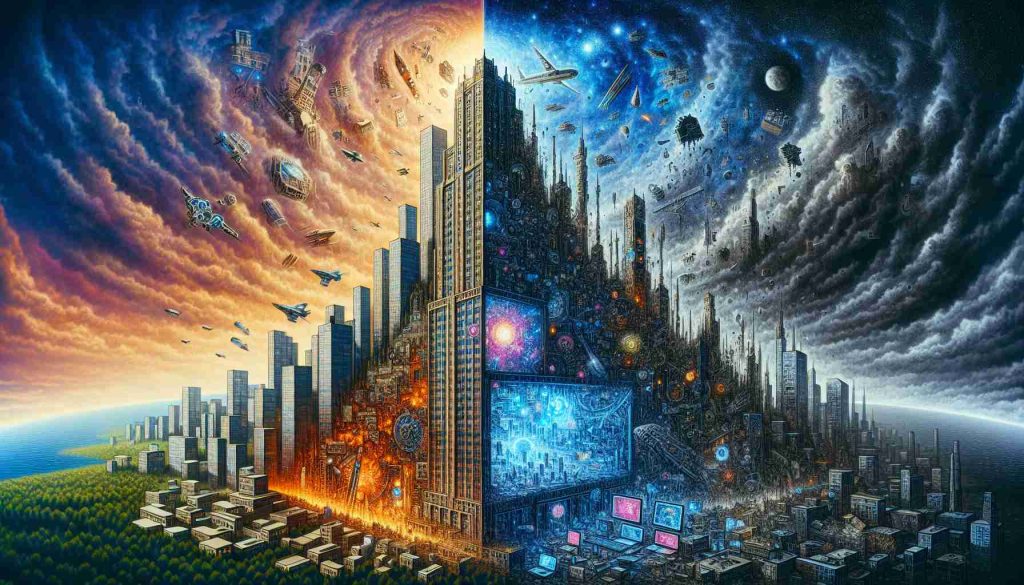 A vivid and hyperrealistic image depicting the narrative of a technological uprising: the rise and fall of a corporate giant. The first half of the image showcases a majestic skyscraper reaching for the sky, symbolising the corporation's rise. The structure is filled with intricate details and symbols of innovation and technology, like futuristic computer screens, robots, spaceships, and advanced machinery. In stark contrast, the latter half of the picture portrays the collapse, symbolised by a crumbling building, broken tech pieces scattered around, and darkening skies. The picture it paints is of a once-thriving giant, now a shell of its former glory.