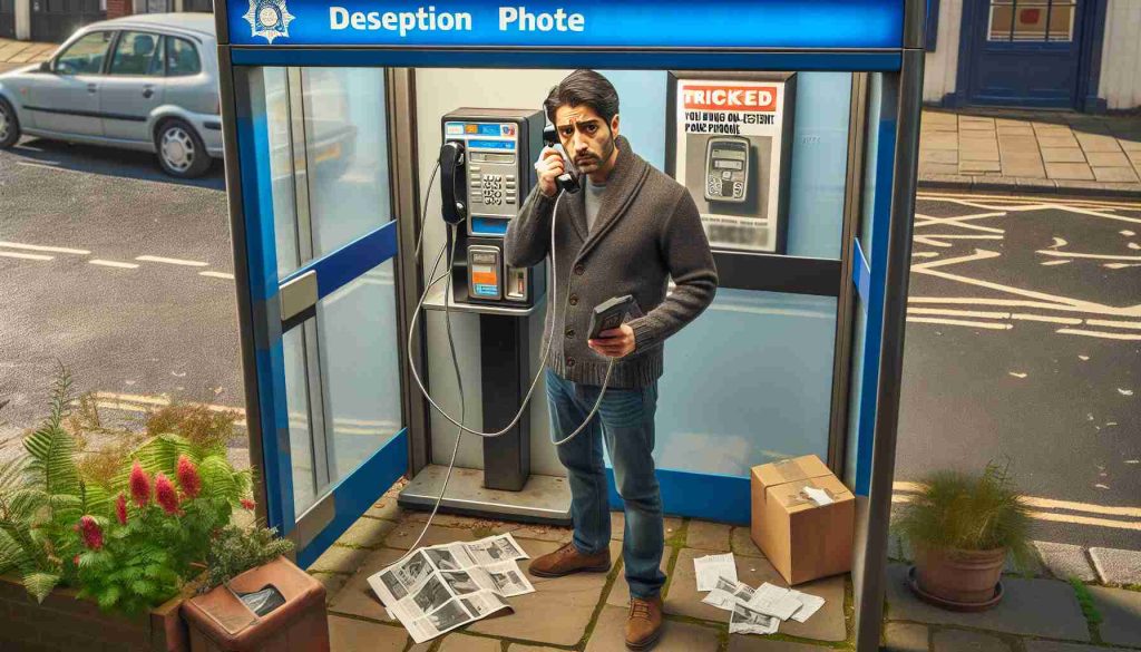 Create a detailed, high-definition image that illustrates a deception plot. The scene should include a man standing near a payphone in a public area, who has just been tricked into buying a non-existent phone. The man has a confused look on his face as he holds an empty phone box. Include details that suggest a crime scene, such as discarded packaging and a hurriedly dropped receipt. The man should be of South Asian descent.