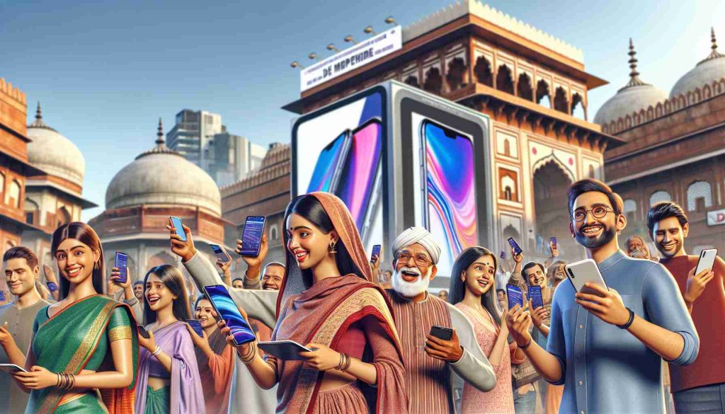 A high-definition realistic illustration demonstrating the emerging new era of smartphone dominance in India. Showcase a variety of people, including a South Asian woman and a Middle-Eastern man, enthusiastically using their smartphones. The setting is a bustling city street, showcasing the mix of tradition and modernity that characterizes India, with ancient architecture juxtaposed with digital ads for the latest smartphone models. Make sure to emphasize the diversity and vibrance of life in India and the palpable excitement around this new era of technology adoption.