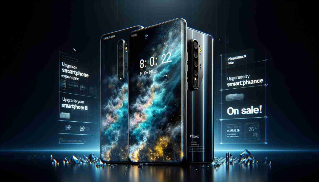 High-definition, realistic image of a newly launched, high-end smartphone model titled 'Stellar PixelMax 8'. The phone possibly displays features like a crystal-clear screen, multiple camera layout, sleek design, and the latest technology. The scene also contains texts showcasing the smartphone's sale event, such 'Upgrade Your Smartphone Experience' and 'On Sale!'