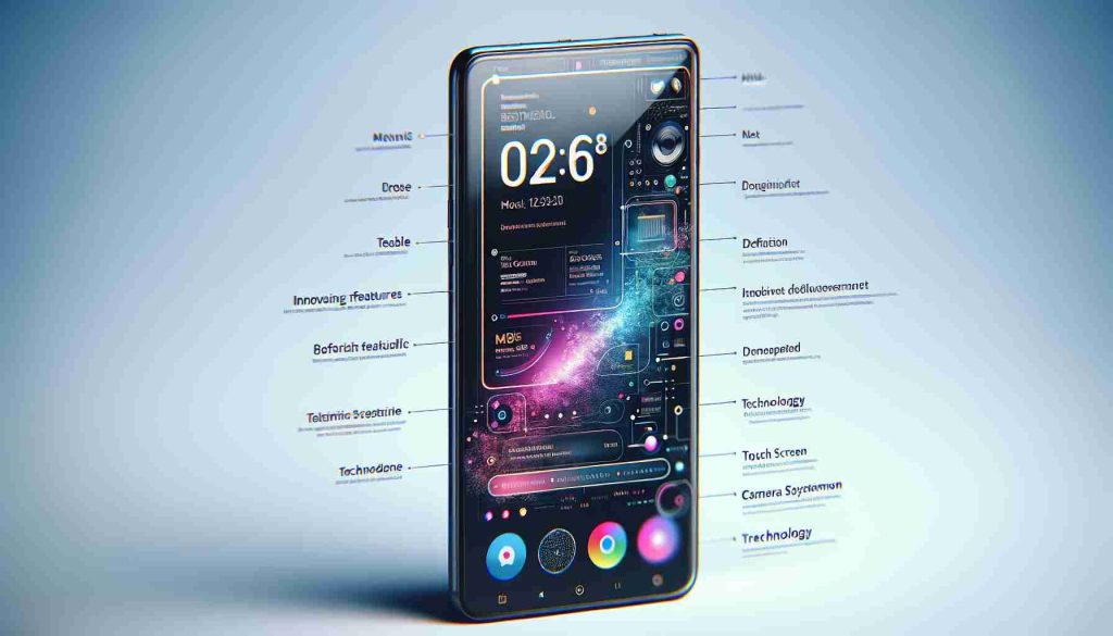 A detailed, realistic, and high-definition illustration of a contemporary smartphone displaying innovative features. The device boasts a slim design, a large, vibrant touch screen, a sophisticated camera system, and advanced technology. Note that this prompt for an image generation does not specify any real brand or model but asks for a general concept of a modern and feature-packed phone.