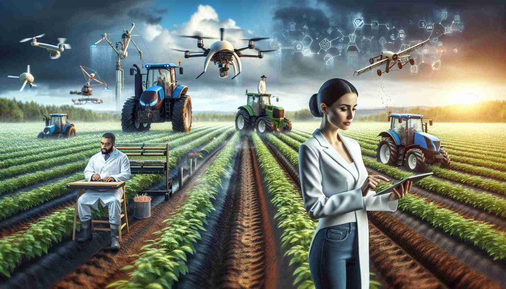 High-definition and realistic image depicting the future of technology within agriculture. In the foreground, a Caucasian female farmer is using an advanced drone to monitor her crops. Not far away, a Black male farmer is using a digital tablet to control autonomous tractors within his field. In the background, a Hispanic female scientist is testing soil samples with cutting-edge nanotechnology tools. Include a scenery full of hybrid crops lushly growing, farm robots in action, and high-tech irrigation systems working, illustrating the integration of modern technology in rural life.