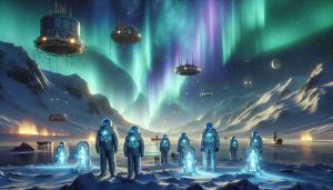 Highly detailed and realistic image of a futuristic setting where humans are discovering the Aurora Borealis. They are wearing advanced astronaut-like attire that glow under the natural light. There are people of different age, genders and descents - Middle-eastern, Caucasian, Hispanic, South Asian and Black. The northern lights are intensively colored with vivid shades of green, purple and blue, in the star-littered night sky over an icy and desolate Arctic landscape. Floating research modules dot the scene, contrasting the soft ethereal lights of the aurora with their harsh, utilitarian metal structures.