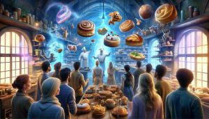 An intense high-definition photo showcasing an exciting new adventure unfolding within a magical bakery. The bakery is enchanted, with animated pastries chatting amongst themselves and floating ingredients assembling dishes mid-air. An awe-struck group of individuals of a mix of genders and descents (Caucasian, Hispanic, Asian and Middle-Eastern) observes this fascinating scenario, their expressions betraying a mix of trepidation and thrill as they embark on this unprecedented journey.