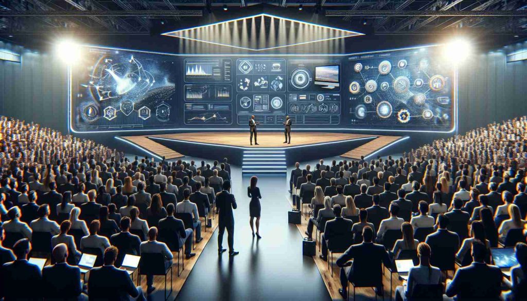 An ultra-high definition, realistic image that exhibits a large-scale tech company unveiling their new innovative solutions. This scene contains a cutting-edge conference hall filled with awe-struck audience members. In the foreground, a dynamically designed stage with an oversized screen displaying the latest technology advances. The stage hosts two presenters, one a Black male enthusiastically sharing the details using a pointer and the other a Caucasian female interactively doing a demo on a laptop. Amid the background buzz, showcases of futuristic devices and concept illustrations on digital banners can be seen.