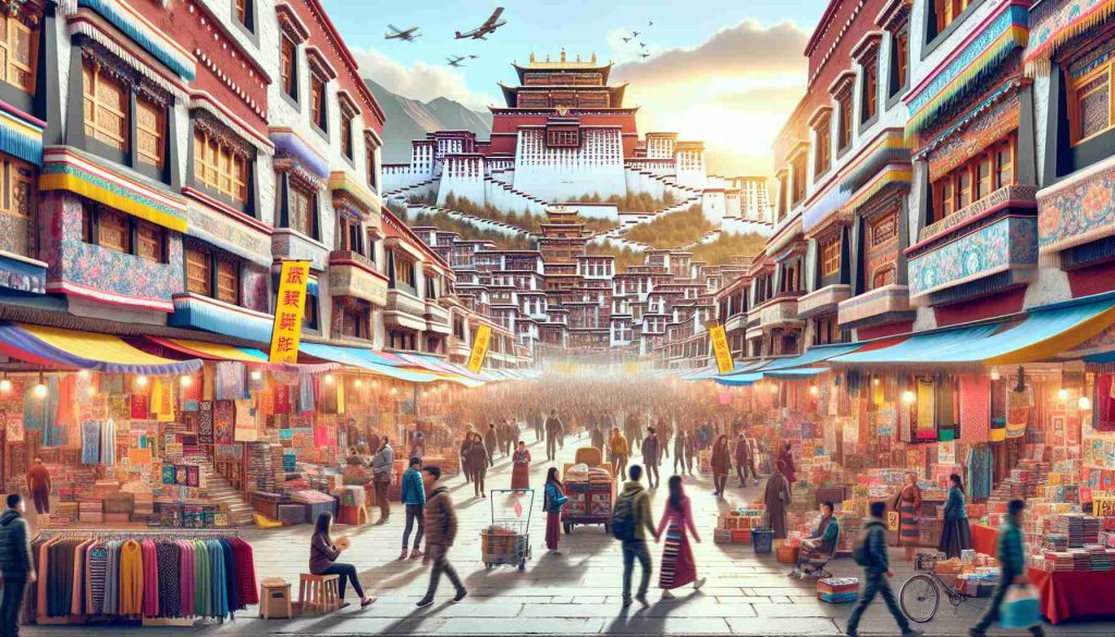 Generate a realistic high-definition image showing the hustle and bustle of a mammoth discount sale event happening in a place that resembles the unique architecture and landscape of Lhasa County, famed for its Tibetan Buddhist monasteries. The backdrop should reflect the joyful atmosphere and filled with locals and tourists alike, revealing the diverse collection of items on sale, from clothes and electronics to local handicrafts. Elements such as colorful banners and posters announcing the discounts, bustling stalls, and excited shoppers should be prominently featured.