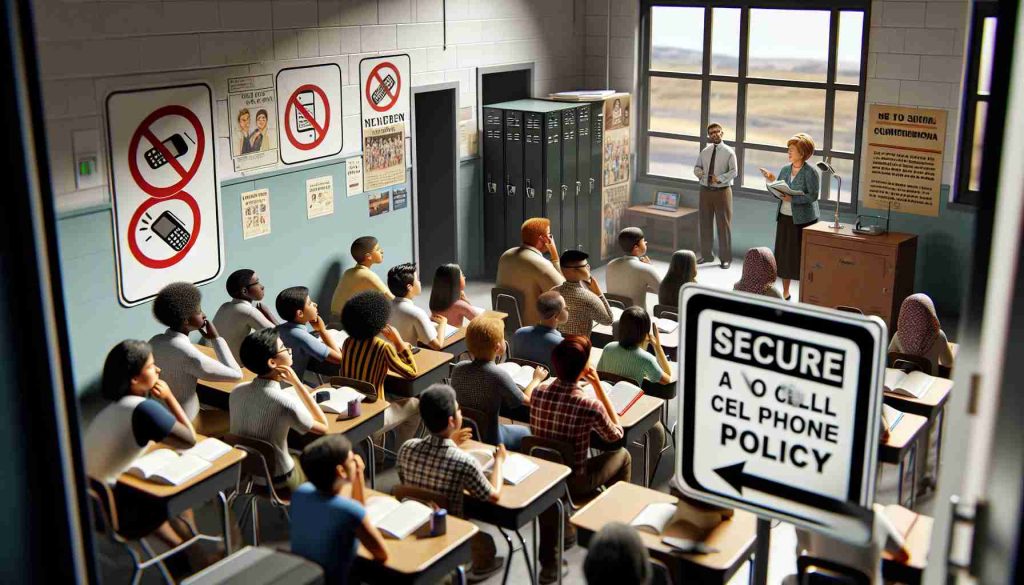 A highly detailed, realistic image portraying the implementation of a no cell phone policy in a school setting. There is a sign prominently displaying the policy near the entrance, with illustrations demonstrating the rule. The scene depicts a classroom where various students of different descent - Black, Hispanic, Caucasian, Middle-Eastern, South Asian - and genders are attentively listening to the South Asian female teacher who is enthusiastically teaching the lesson without any interruptions. In the background, a secure box can be seen, where students' cell phones are stored during school hours.