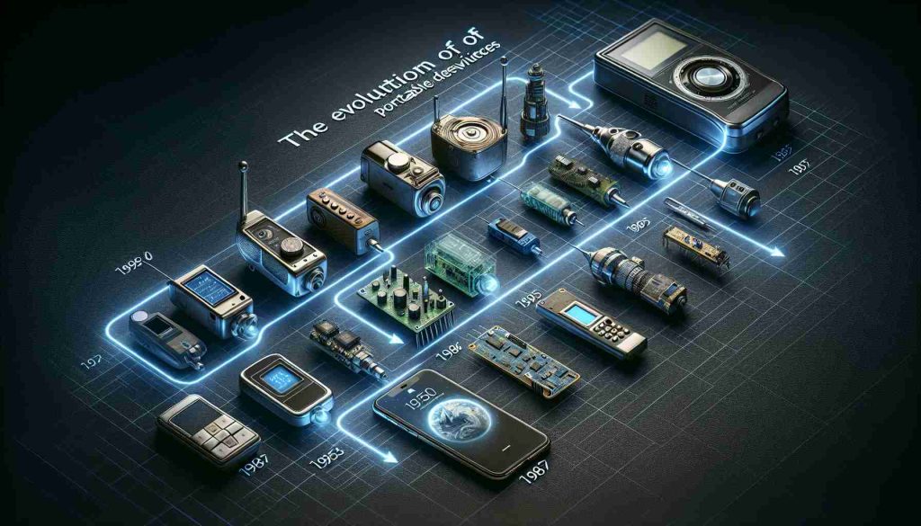 Realistic high-definition image showcasing 'The Evolution of Portable Devices' with a focus on breakthrough innovations from an unspecified contemporary tech company. The image should include a timeline with a progression of technology, starting with basic portable transistors and evolving to modern highly-sophisticated, multi-functional devices. Please fade the company's specific logos and branding. The focus should be on the technology and its evolution, not the brand.