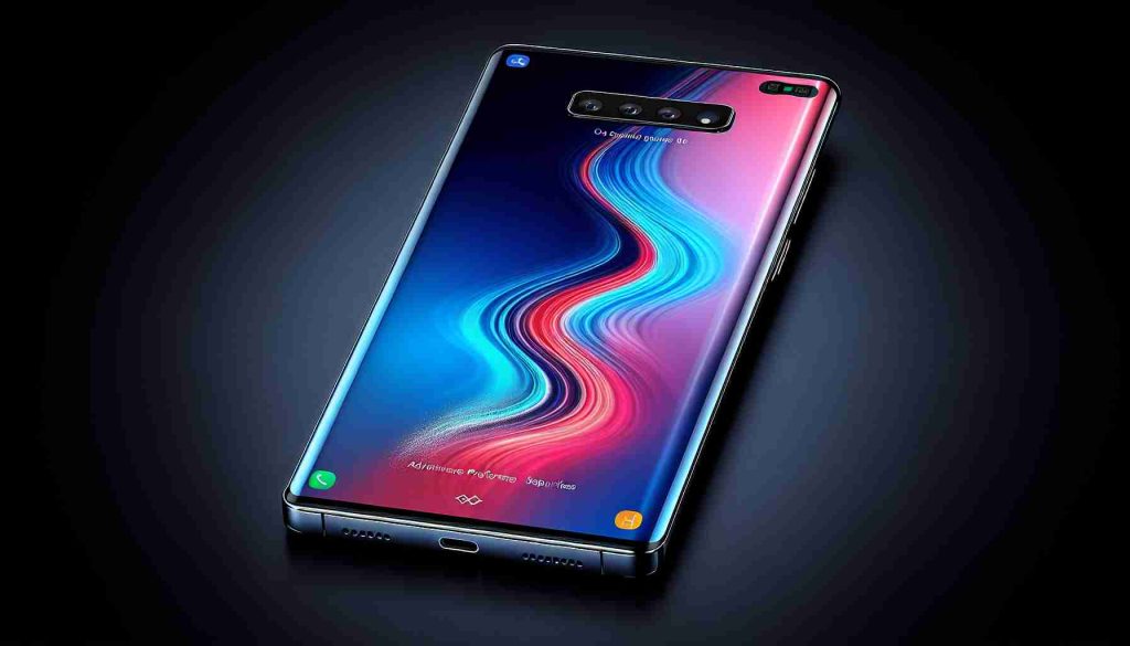 A hyperrealistic, high-definition image of a cutting-edge smartphone with advanced performance capabilities and an elegant design. The device can be named 'Galaxy Star 8 Pro' and features a large, high-resolution screen, slim design, and an array of versatile features. It has a sleek back coated in a glossy finish, camera lenses aligned vertically, and a noticeable logo imprinted below. The phone is powered on, displaying a vibrant, colorful wallpaper.