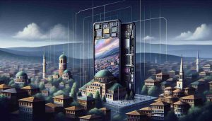 A high definition, realistic illustration depicting the unveiling of a new, cutting-edge modular smartphone known as 'HMD Fusion.' The scene is set in Bulgaria, perhaps showcasing local architecture or cultural elements. The smartphone itself is central to the imagery, highlighting its innovative, interchangeable modules that allow customization and versatility.