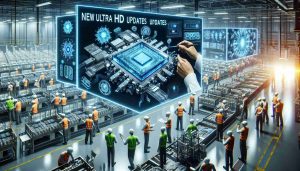 Generate an ultra HD image that captures the thrilling scene of new technological updates being revealed at a computer hardware manufacturer's factory tour. The scene should include workers in safety gear moving about, engineers explaining intricate details to the visitors. Key elements such as circuit boards getting assembled, futuristic looking technology prototypes, and screens displaying innovative designs should be included.