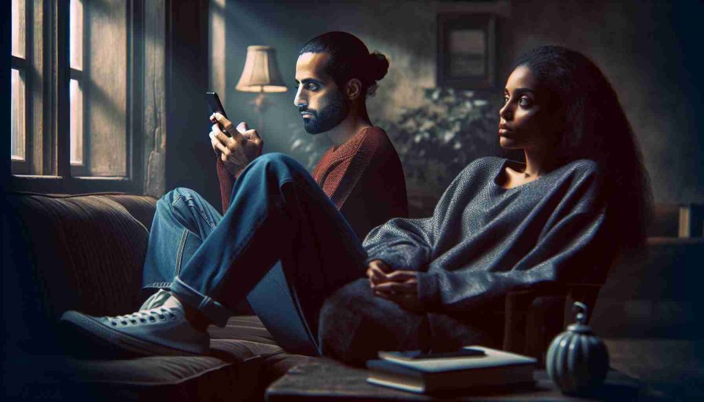 Visual representation of the influence of digital distractions on relationship satisfaction in a realistic, high-definition image. Picture a couple sitting together in a dimly lit, cozy room. The man, of Middle-Eastern descent, is continuously absorbed in his smartphone, oblivious to his surroundings. Adjacent to him, a woman of Black descent, is staring into space, showing evident signs of dissatisfaction and loneliness. Their lack of communication and disconnect because of the man's digital distraction is prominent and palpable.