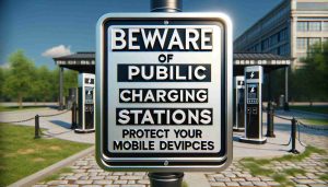 Generate a high-definition, realistic image of a warning sign reading 'Beware of Public Charging Stations: Protect Your Mobile Devices'. The sign should be bright and eye-catching, perhaps metallic with bold black letters. It is located at a public place, maybe a park or a transportation station, and there should be a few public charging stations with cables in the background. The overall mood of the image should convey a sense of alert and caution.