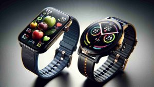 A high-definition, realistic image showcases a detailed comparison of two smartwatches: one is a next-generation, elegant smartwatch with a rectangular display, associated with the fruit logo brand, while the other is an advanced, premium smartwatch with a circular face, associated with the word 'Ultra'. Each watch displays fitness tracking features, brightly lit on their screens. The image is designed for Fitness devotees, with close-ups of health-related apps on the digital surfaces, showing statistics such as heart rate, steps, and calories burned.