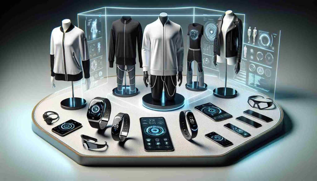 A realistic high-definition image showcasing the top wearable technology expected in the year 2030. This image could include advanced digital wristbands, futuristic eyewear, smart clothing with built-in technology, and innovative health monitors. Each device is sleek, cutting-edge, and designed with both utility and fashion in mind. The environment around the items should also mirror the futuristic timeframe, with minimalist decor and modern colors, to highlight the progression in technology.