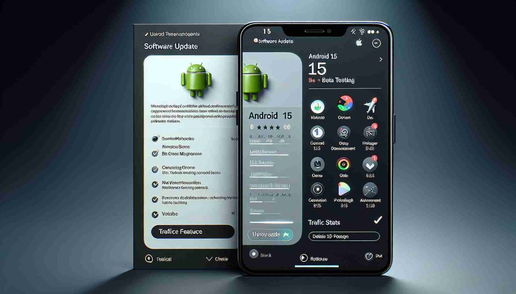 A realistic high-definition image showcasing the software update page for a generic smartphone brand, featuring the announcement for Android 15 Beta Testing. The screen displays various features and advancements that the new update promises. Traffic stats and user feedback can also be shown at the side or bottom of the screen.