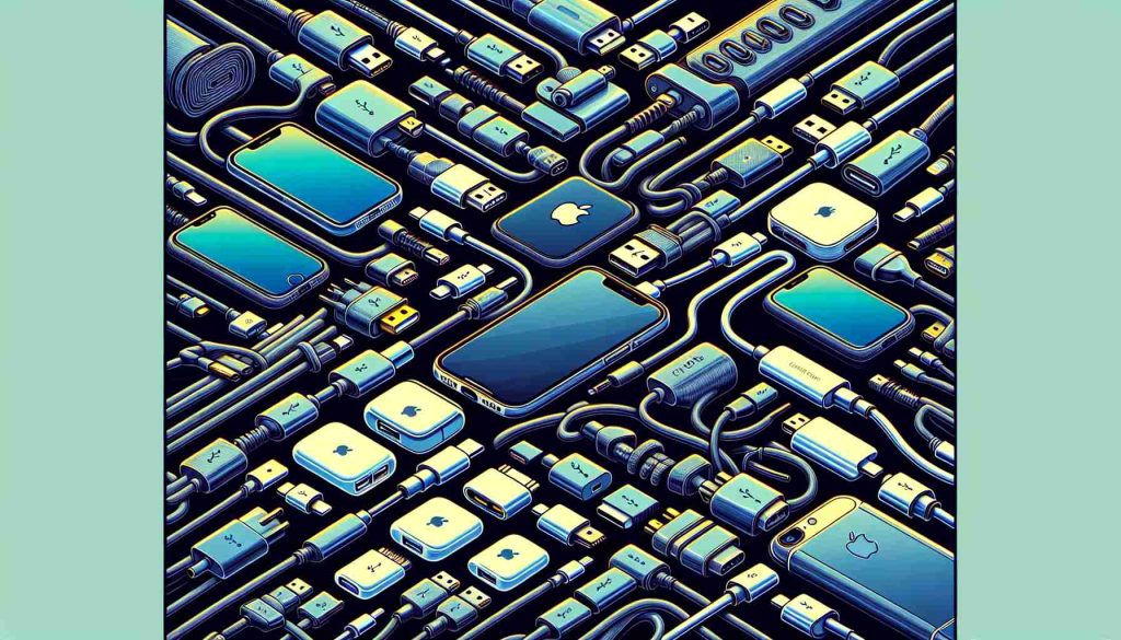 Generate an HD image depicting the dilemma of Apple's USB-C interface. The image should depict a collection of Apple devices with various types of connectors - Lightning, USB-C, and 30-pin. The disparity and confusion of having varied connectors for different devices should be evident. Show cable-clutter, adapters and frustration of a user facing this dilemma for a realistic portrayal.