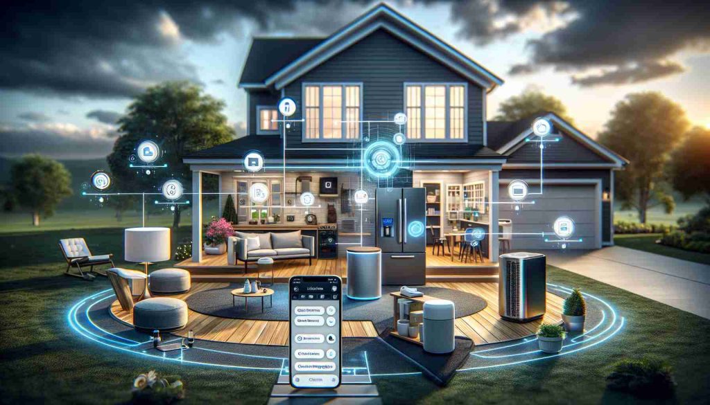 A high-definition, realistic image displaying the concept of a groundbreaking smart home technology from a leading technology company. The advanced system is shown in the setting of an American suburban home with various smart home devices. These include a smart speaker, a smart refrigerator, smart lights, and automated blinds, among others. The technology connects these devices, creating an intelligent and efficient household ecosystem. The devices are controlled through a smartphone, central to the scene, with an intuitive app interface open. Lastly, the surrounding environment hints subtly at American architectural features, emphasizing its use in the United States.