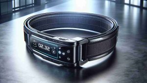 A high-definition, realistic photo of a smart belt, visualizing wearable technology produced by a well-known global tech company. The belt should be innovative in design, perhaps slightly futuristic, with embedded technology features visible such as sensors or displays. The background should be sleek and modern to match the aesthetic of advanced consumer electronics.