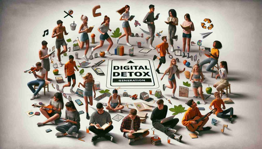 High-definition image representing the influence of a digital detox on Generation Z individuals. The scene displays a variety of Gen Z youth, Caucasian, Black, Asian, Middle Eastern, and Hispanic, of different genders, engaged in various non-digital activities. They are reading books, drawing, playing instruments, running, and talking to each other, showing a return to simpler, more traditional forms of entertainment and social interaction. This change is effectively portrayed as a refreshing transition, a breath of fresh air in a heavily digital-centered lifestyle.