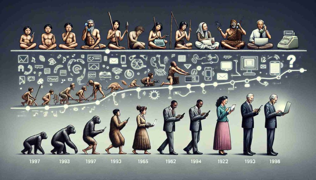 Generate an HD image portraying the evolution of communication in a realistic style. Depict a timeline starting from ancient times, showing symbolic representations such as cave drawings, handwritten letters, a man communicating through smoke signals, and a woman using morse code. Continue to the evolution of the telephone, an Asian man using a landline phone and a Black woman using a cellular phone. Finally, show the Internet era, with a Middle-Eastern man using a laptop and a Caucasian woman using a smartphone representing modern digital communication.