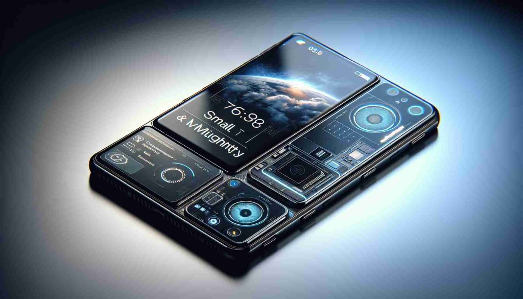 A high definition, realistic image showcasing the future of compact smartphones. The image displays the innovation in compact smartphone design, highlighting its small and mighty attributes. The smartphone should be sleek and modern, with advanced features such as a high-resolution screen, an impressive camera, and biometric recognition. It gives an impression of being lightweight yet robust, embodying the ideal blend of size, power, and utility.