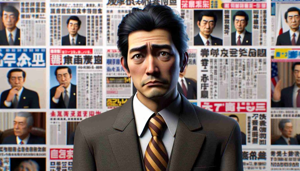 A realistic, high-definition image of an unnamed Japanese politician, sporting a formal suit and distinctive tie, displaying an expression of discomfort or unease while engaged in diplomatic actions that appear awkward or poorly-judged. Various news headlines in the background hint at the criticism he is facing for his actions.