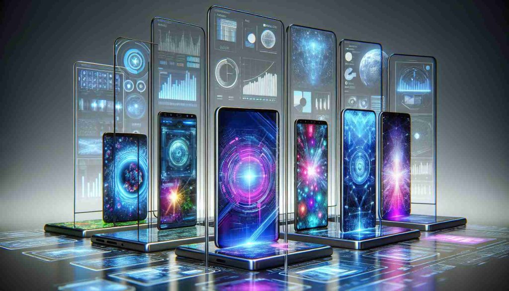 Generate a high-definition, realistic image illustrating the future of the smartphone panel market hinting at a shift in demand. Show a large variety of different smartphone screens with futuristic designs all placed next to each other. Indicate that some phone screens are more predominant, showing a trend in demand, perhaps screens with innovative technology like holographic or bendable displays. Include graphs and charts in the background, projecting growth.