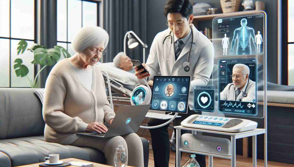 A realistic, high-definition image that represents how technology is revolutionizing healthcare for senior citizens. The scene includes features such as an elderly Caucasian woman using a laptop to hold a telemedicine appointment with her South Asian male doctor. In the background, there are machines that monitor her health status and an application on her phone that reminds her to take her medication on time. The scene should be set in a comfortable home environment to reflect the convenience brought about by digital healthcare platforms. The entire setup is tailored for easy accessibility and use by senior citizens.