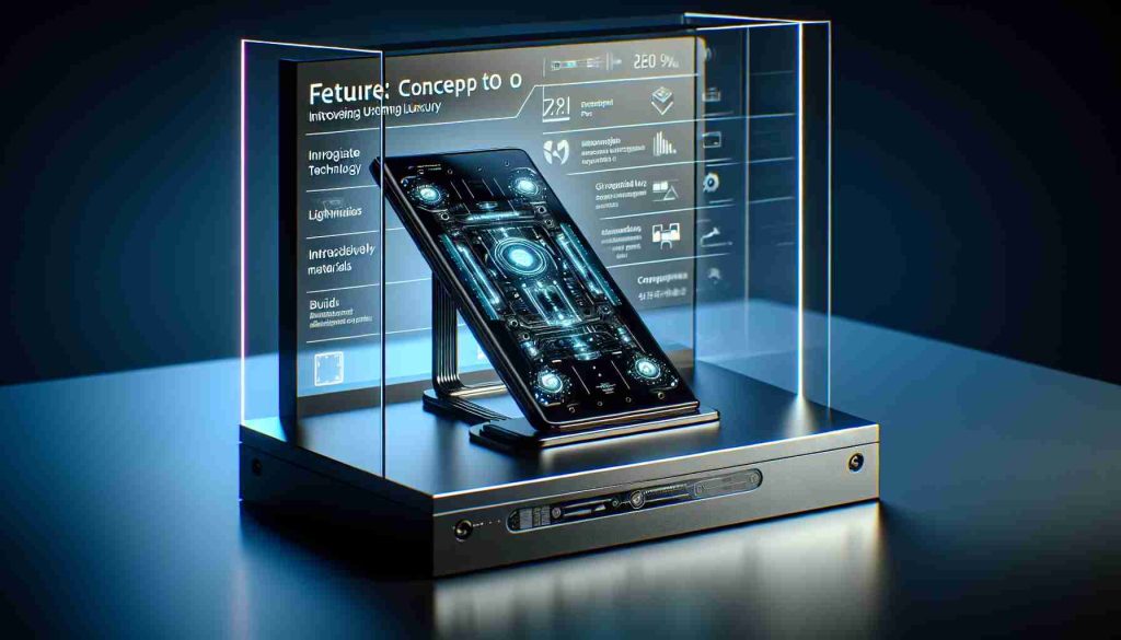 A high definition, realistic representation of the Acme 20 Pro, a future concept device showcasing exciting features. It boasts advanced technology and ultimate luxury. The image should focus on the design details, innovative interfaces, potentially introducing new materials for the build, and cutting-edge capabilities presumably unseen in existing devices. The setting is an elegant display, highlighting the futuristic aspect of this advanced gadget.