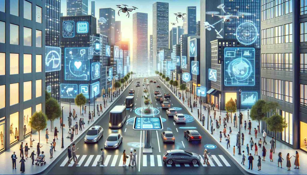 An in-depth, high-resolution depiction of urban living transforming through technological advancements. The scene should display a busy city street with skyscrapers, showing clear signs of advanced technology integration. Various elements could include autonomous vehicles navigating the streets, drones delivering packages, digital signage displaying dynamic information, smart street lighting adjusting according to the time of day and weather conditions, and residents interacting with touchscreen panels on the sides of buildings. There should be diverse people of all descents such as Caucasian, Hispanic, Black, Middle Eastern, and South Asian, appearing busy with their high-tech devices.