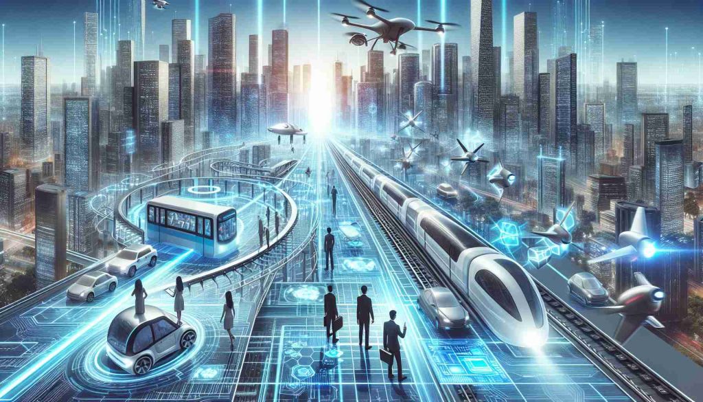 Imaginative depiction of the future of transportation revolutionizing travel. Picture represents a city skyline with skyscrapers, amidst which flows a seamlessly meshed network of autonomous vehicles, drones and futuristic high-speed rails. Advanced technology, such as holographic GPS and automated traffic control, is visibly incorporated. Humans, of Caucasian, Asian, African, Hispanic, and Middle Eastern descent, both male and female, are shown safely and conveniently using these futuristic modes of transportation for their daily commutes.