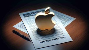 Realistic high-definition image of a generic technology company represented by an apple symbol facing legal action, symbolized by a document with the title 'Monopoly Allegations'. The document or lawsuit papers are placed in front of the company logo, emphasizing the seriousness of the situation.