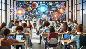 High-definition, photorealistic image depicting the power of technology in modern education. A scene inside a bright, contemporary classroom filled with multicultural, gender-balanced students of various ages. They are focused on their individual tablets, showing educational apps vibrant with interactive 3D models and quizzes. At the front of the classroom, a young Hispanic woman is using a smart board for a virtual field trip, while a Caucasian male teacher interacts with a hologram showing a complex physics concept. The overall atmosphere is engaged, colorful and lively, embodying the transformative power of technology in education.